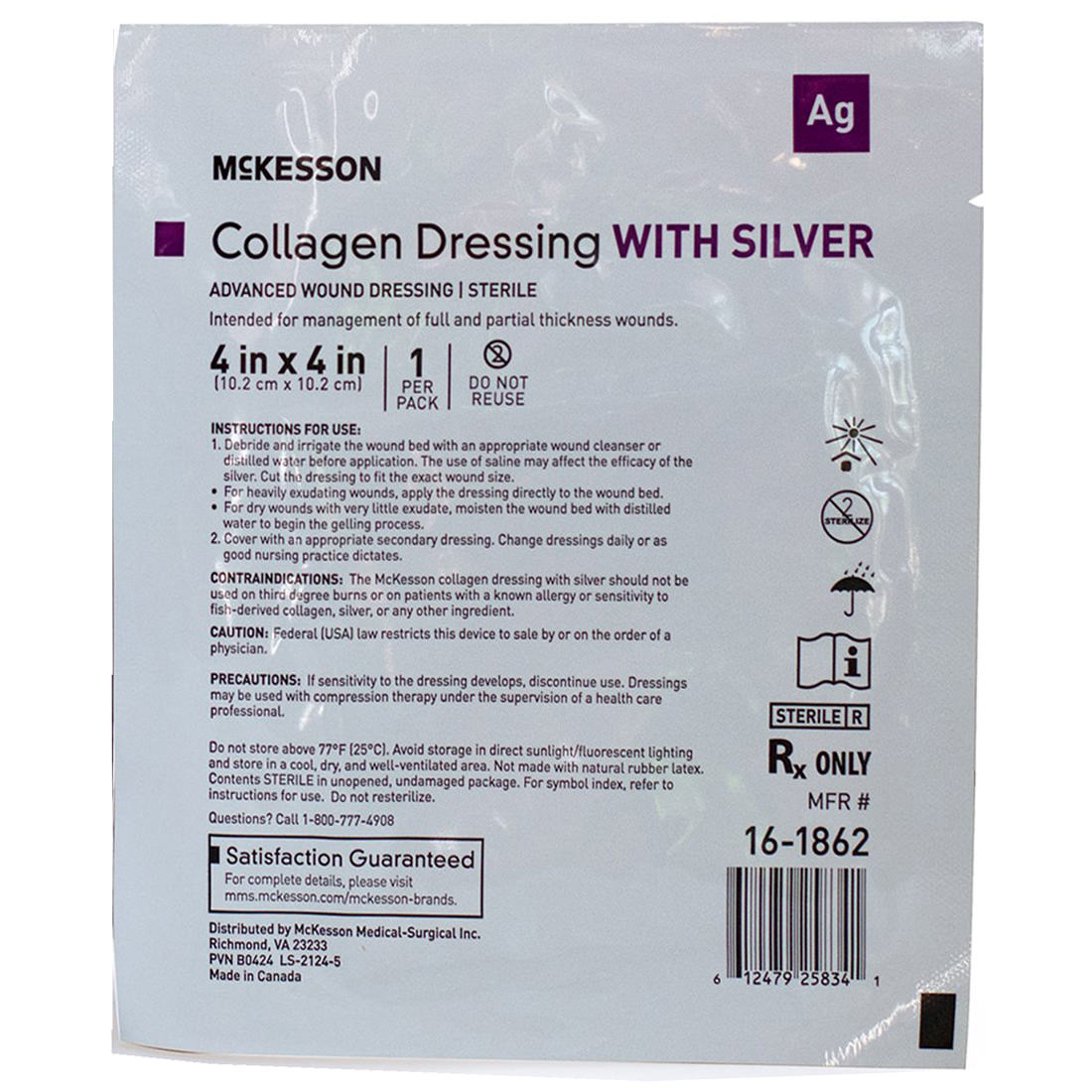 McKesson Silver Collagen Dressing, 4 X 4 Inch
